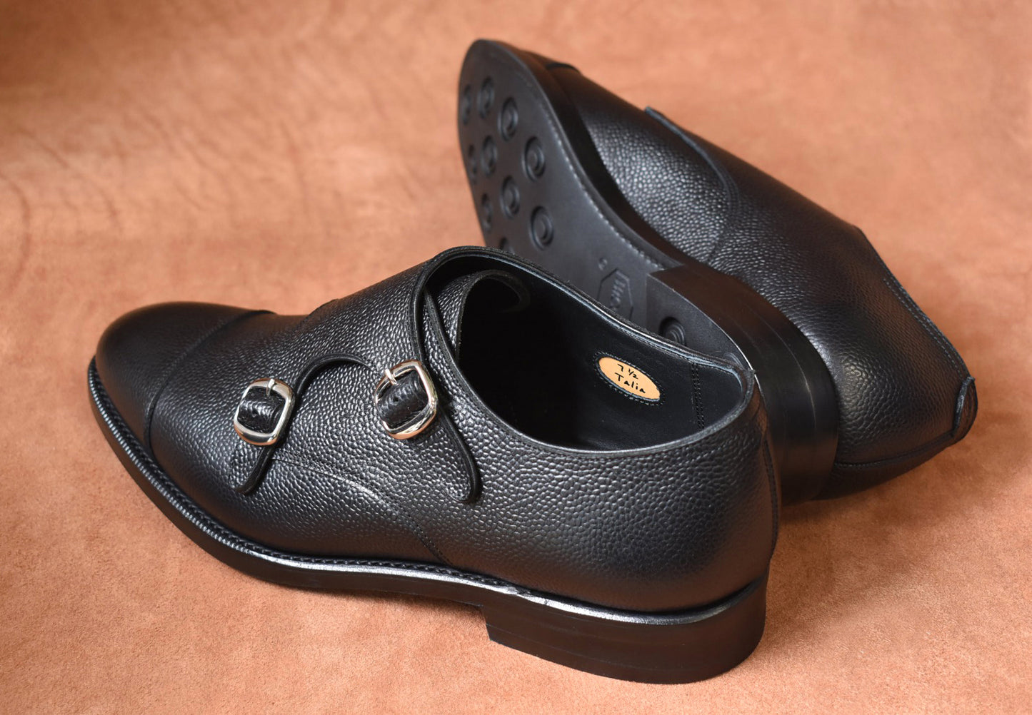“Talia” Double Monk Strap, Black Dress Shoes, Grained Leather, Goodyear welted, US size 5 1/2 ~ 10