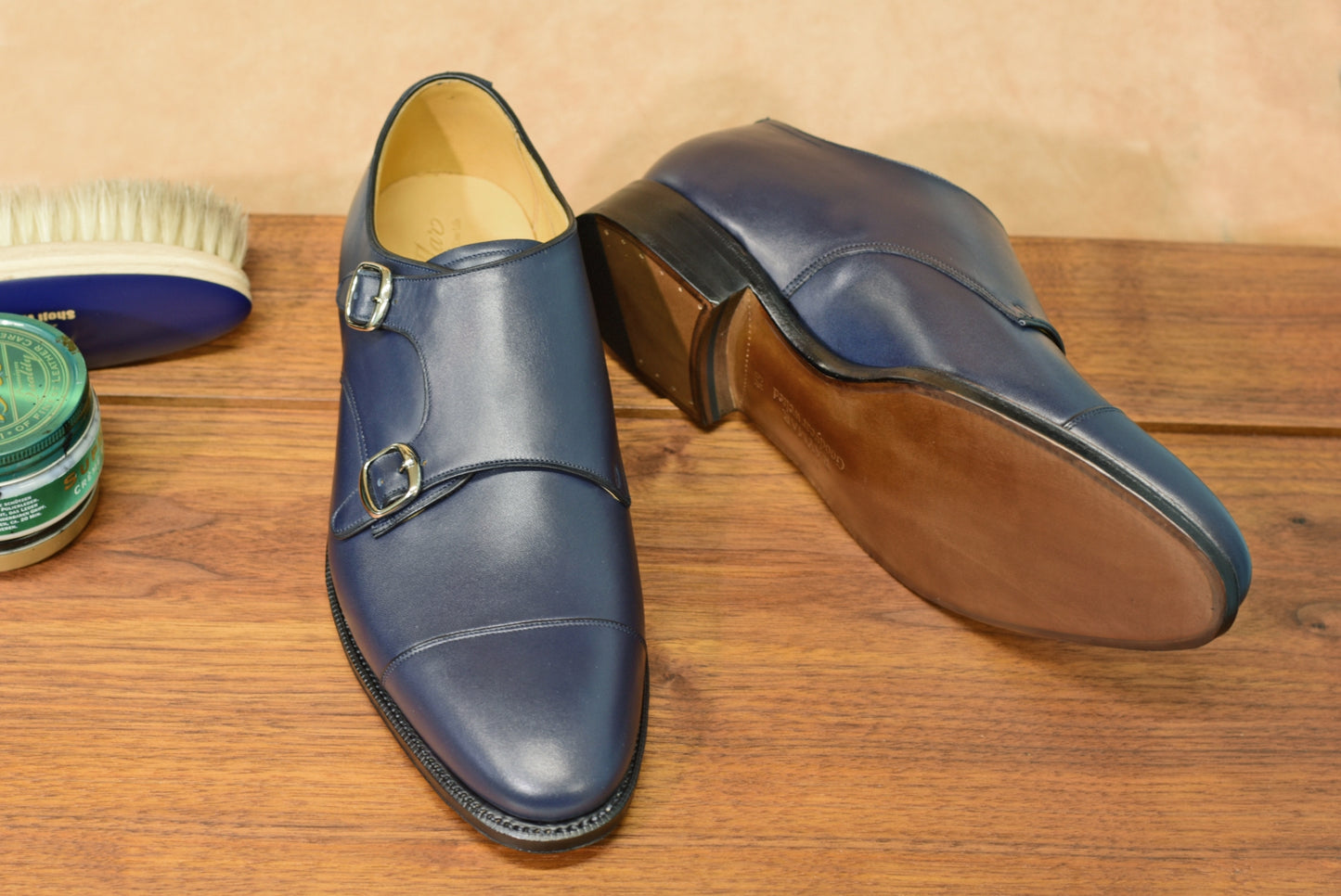 “Cielo” Double Monk Strap, Navy Dress Shoes, Goodyear welted, US size 5 1/2 ~ 10