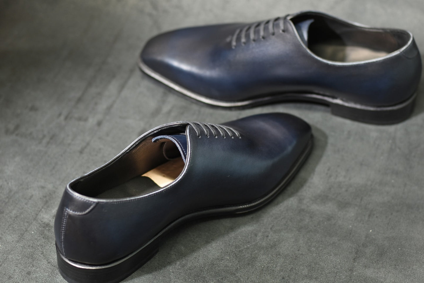 “Dolly” Chiseled Toe Whole Cut, Dark Navy Patina Dress Shoes, Annonay Vegano, Hand welted, US size 5 1/2 ~ 10