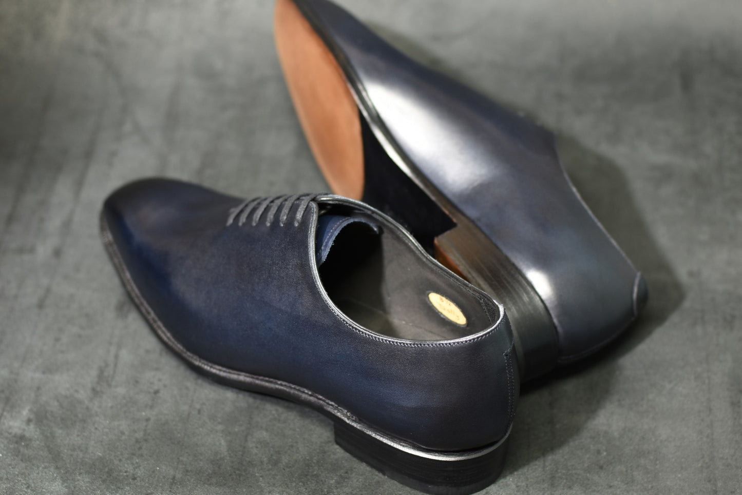 “Dolly” Chiseled Toe Whole Cut, Dark Navy Patina Dress Shoes, Annonay Vegano, Hand welted, US size 5 1/2 ~ 10