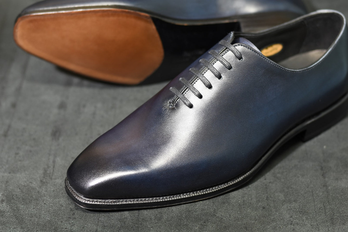 “Dolly” Chiseled Toe Whole Cut, Dark Navy Patina Dress Shoes, Annonay Vegano, Hand welted, US size 5 1/2 ~ 10