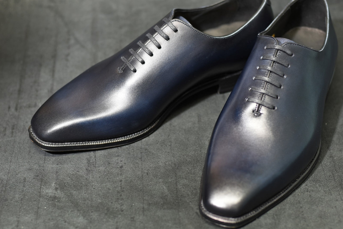 “Dolly” Chiseled Toe Whole Cut, Dark Navy Patina Dress Shoes, Annonay Vegano, Hand welted, US size 5 1/2 ~ 10