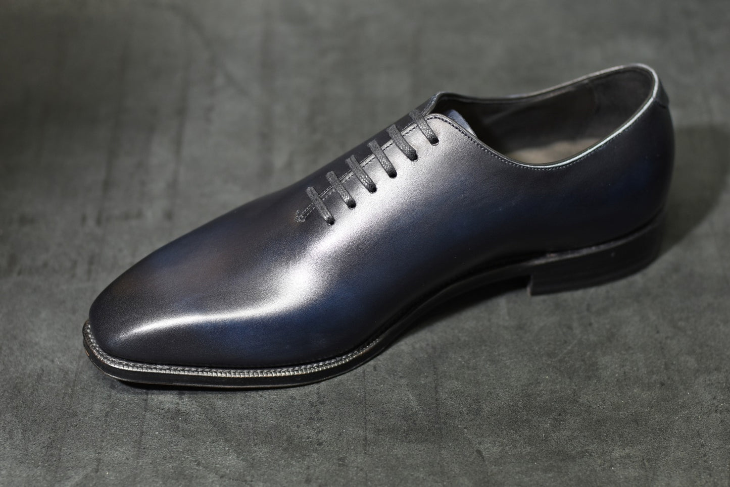 “Dolly” Chiseled Toe Whole Cut, Dark Navy Patina Dress Shoes, Annonay Vegano, Hand welted, US size 5 1/2 ~ 10