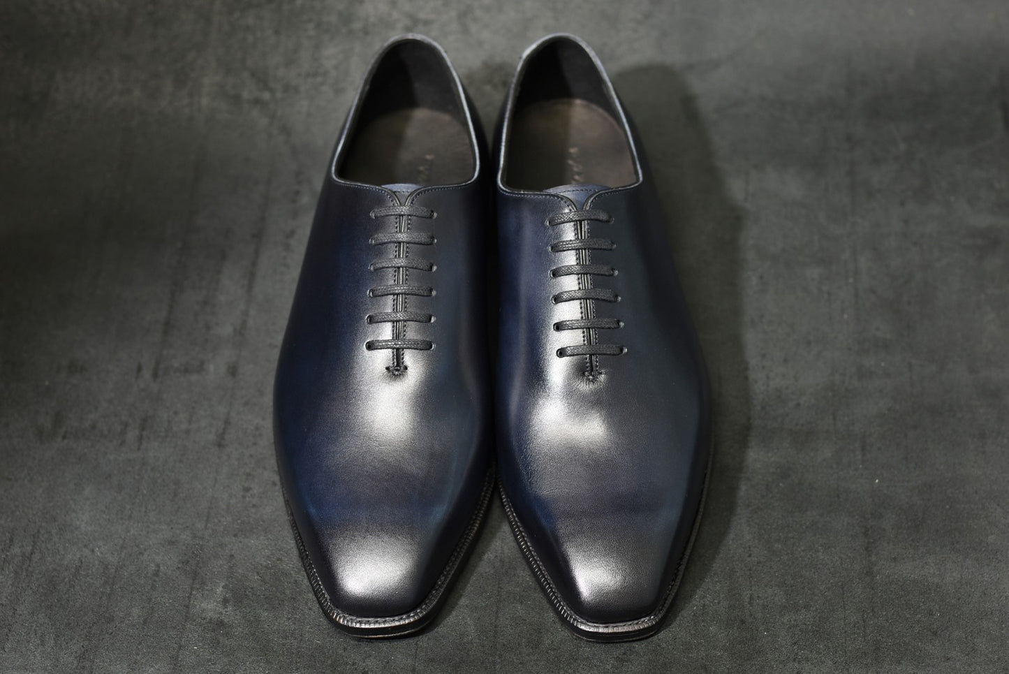 “Dolly” Chiseled Toe Whole Cut, Dark Navy Patina Dress Shoes, Annonay Vegano, Hand welted, US size 5 1/2 ~ 10