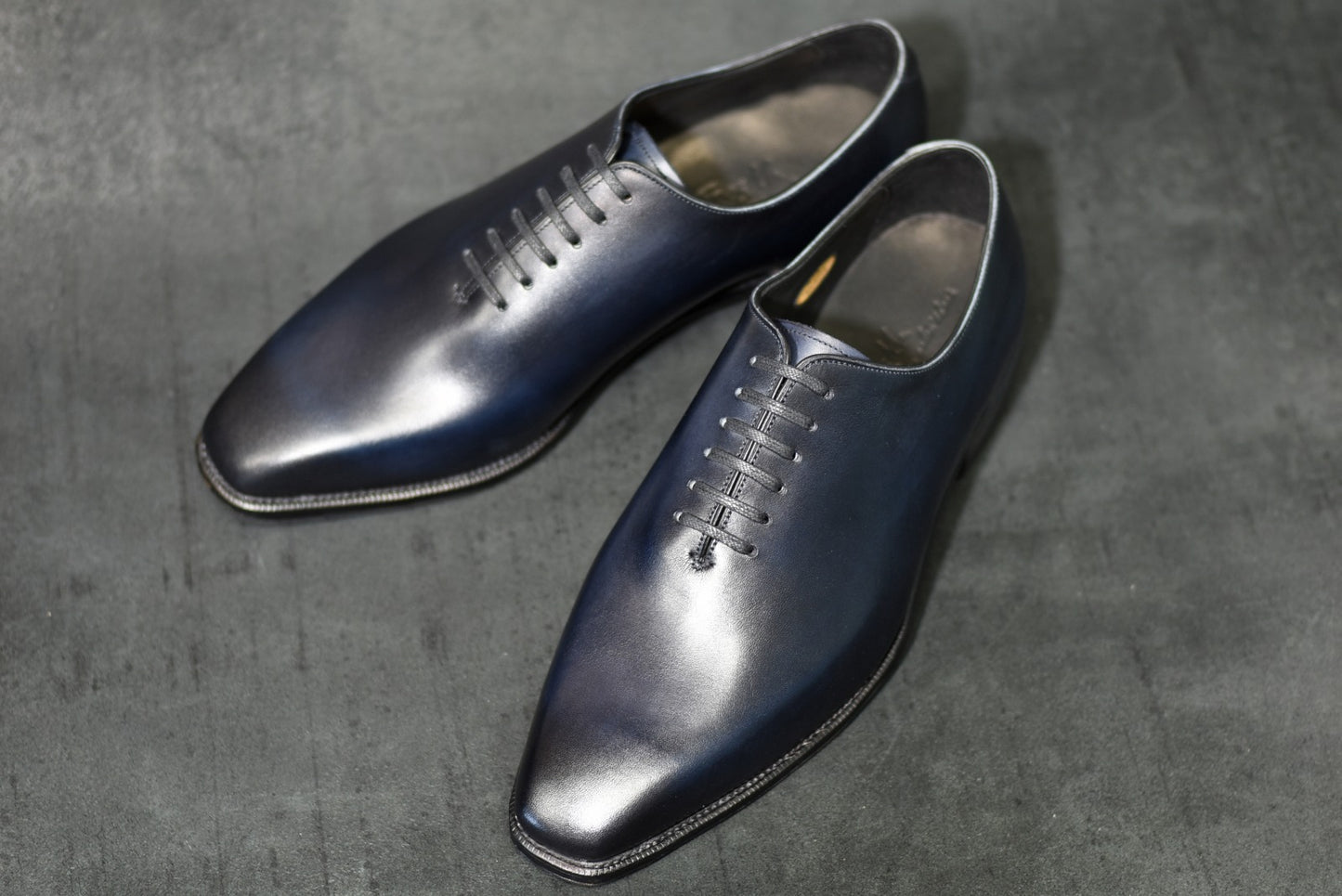 “Dolly” Chiseled Toe Whole Cut, Dark Navy Patina Dress Shoes, Annonay Vegano, Hand welted, US size 5 1/2 ~ 10