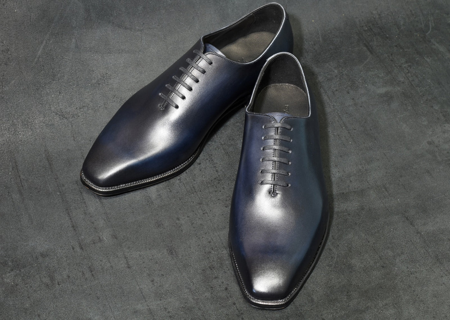 “Dolly” Chiseled Toe Whole Cut, Dark Navy Patina Dress Shoes, Annonay Vegano, Hand welted, US size 5 1/2 ~ 10