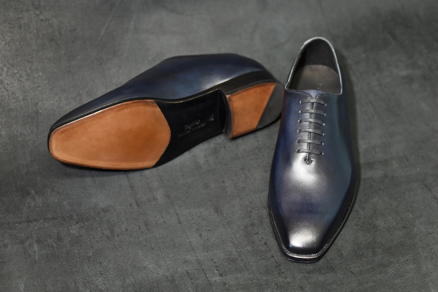 “Dolly” Chiseled Toe Whole Cut, Dark Navy Patina Dress Shoes, Annonay Vegano, Hand welted, US size 5 1/2 ~ 10