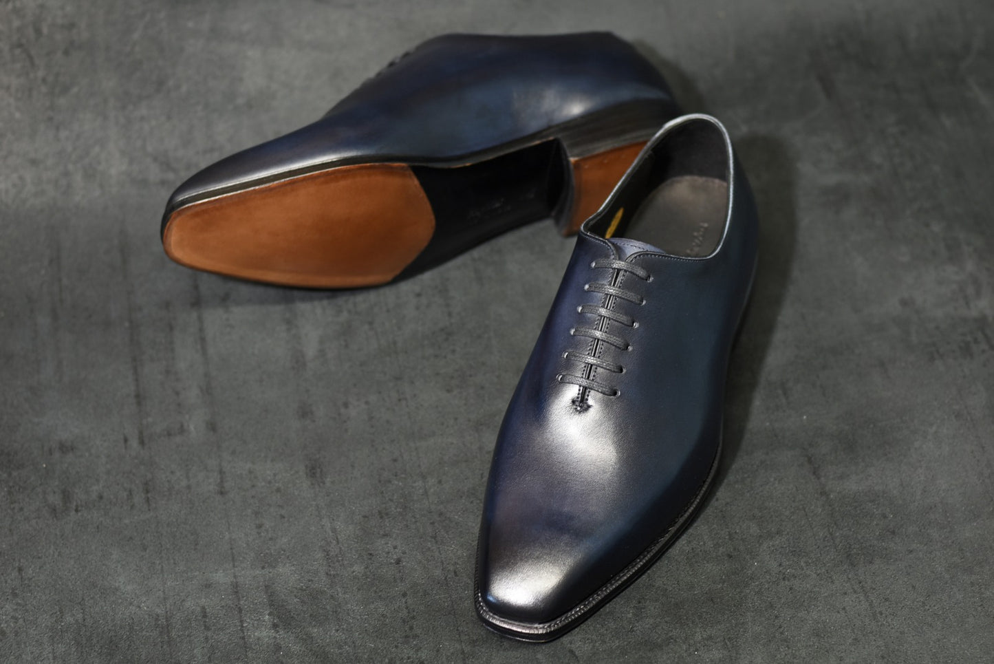 “Dolly” Chiseled Toe Whole Cut, Dark Navy Patina Dress Shoes, Annonay Vegano, Hand welted, US size 5 1/2 ~ 10