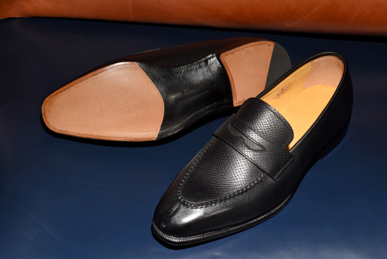 “Aiden” Split Toe Penny Loafer, Black Dress Shoes, Horween Hatch Grain, Hand welted, US size 5 1/2 ~ 10