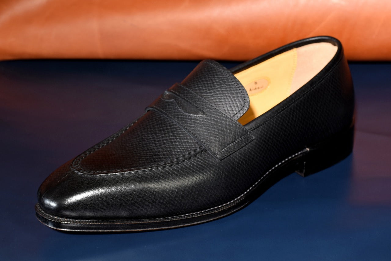 “Aiden” Split Toe Penny Loafer, Black Dress Shoes, Horween Hatch Grain, Hand welted, US size 5 1/2 ~ 10