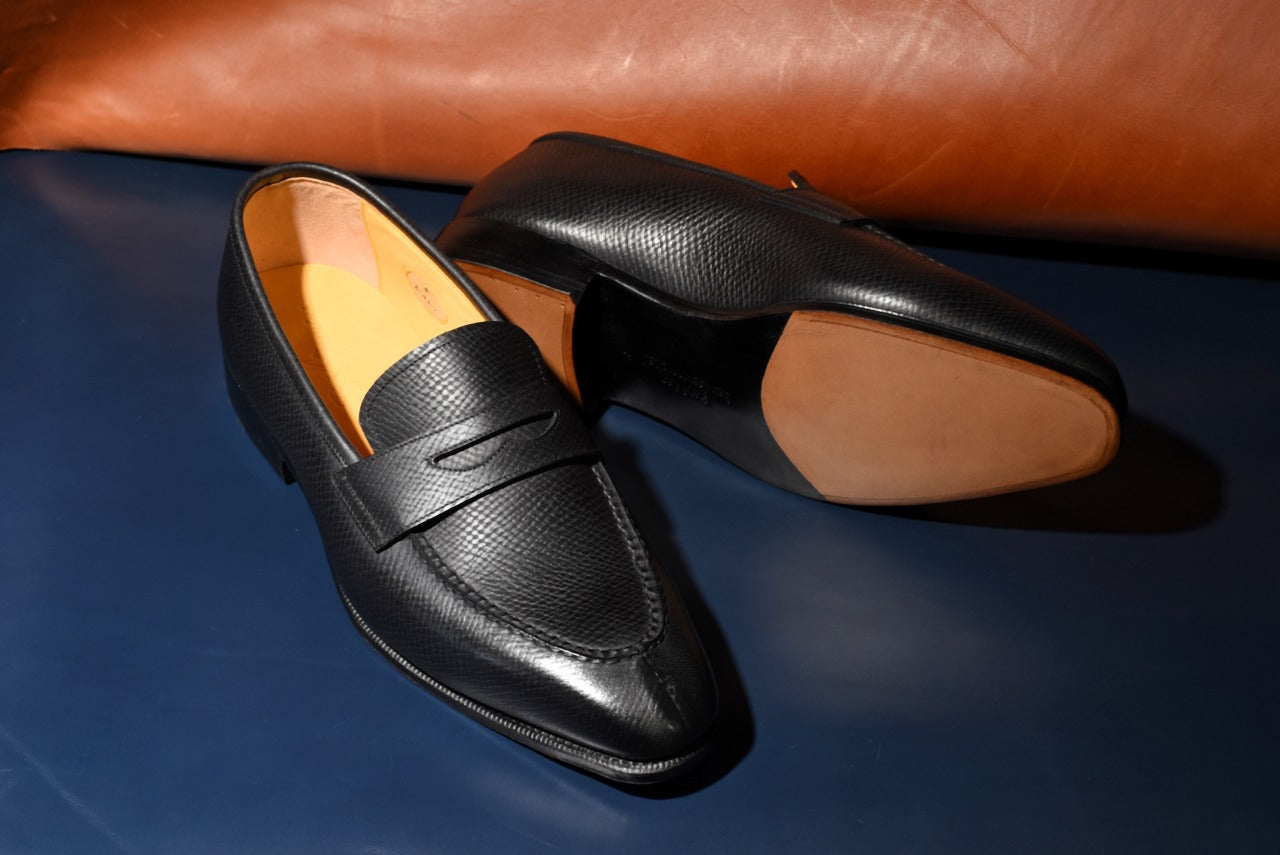 “Aiden” Split Toe Penny Loafer, Black Dress Shoes, Horween Hatch Grain, Hand welted, US size 5 1/2 ~ 10