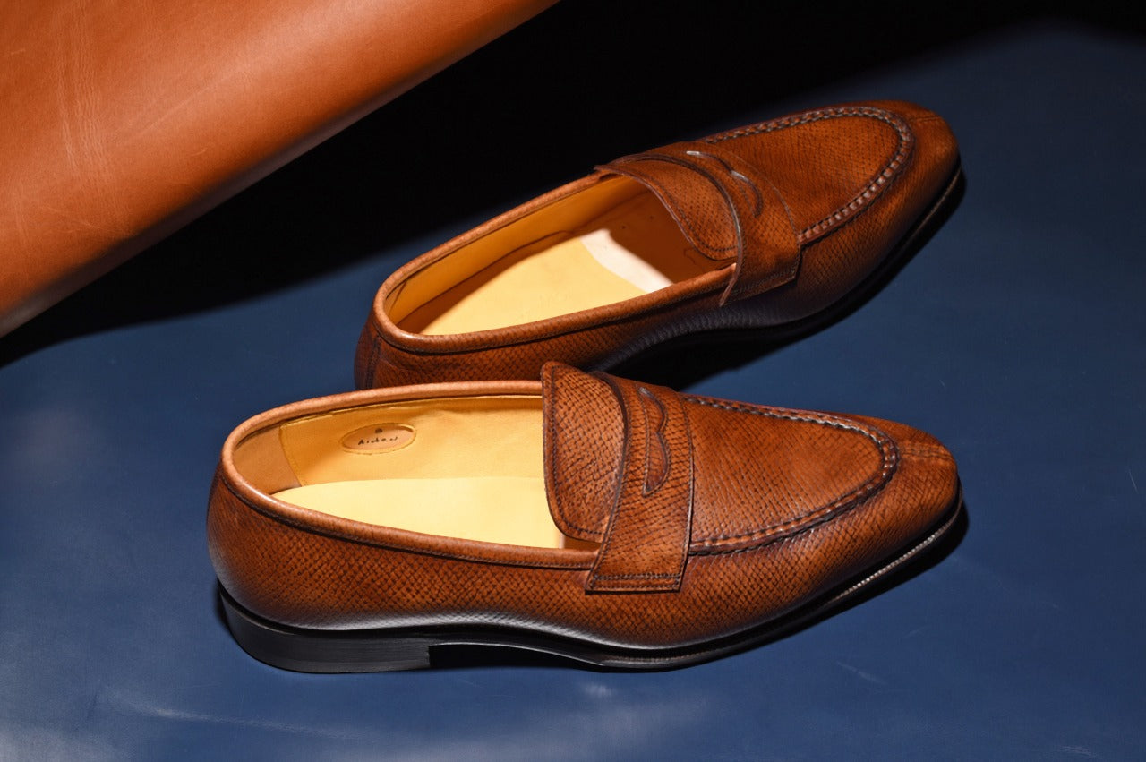 “Aiden” Split Toe Penny Loafer, Brown Dress Shoes, Horween Hatch Grain, Hand welted, US size 5 1/2 ~ 10