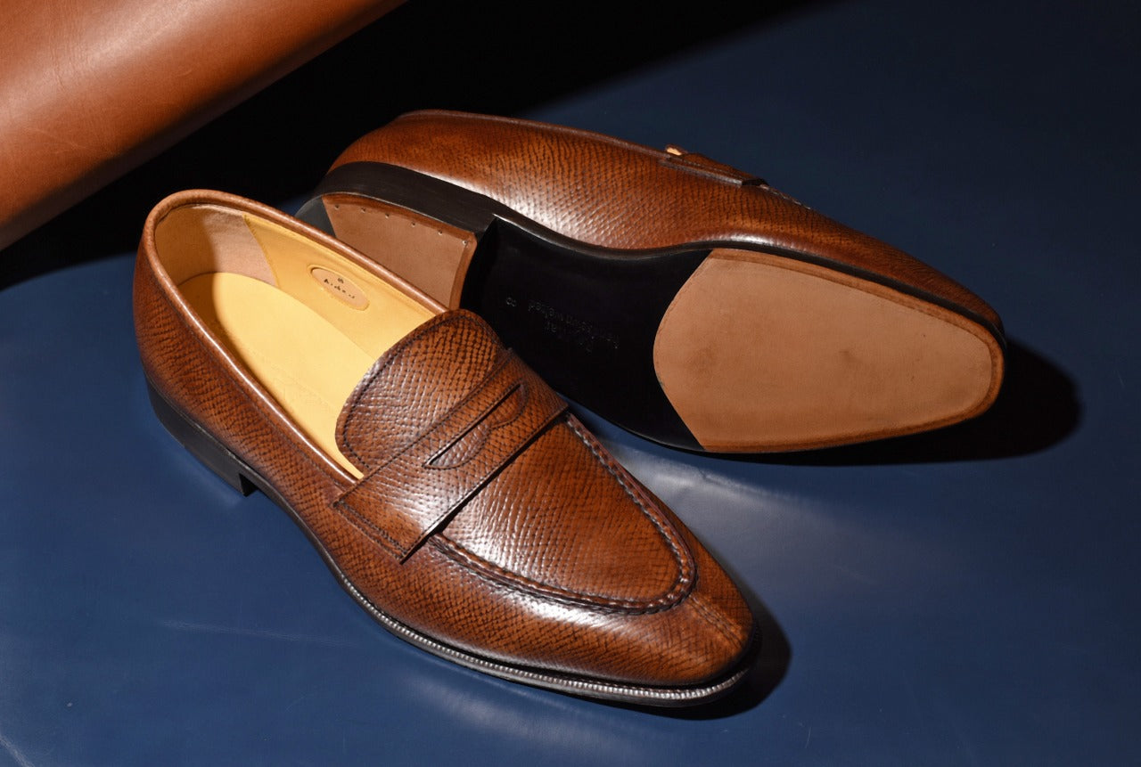 “Aiden” Split Toe Penny Loafer, Brown Dress Shoes, Horween Hatch Grain, Hand welted, US size 5 1/2 ~ 10