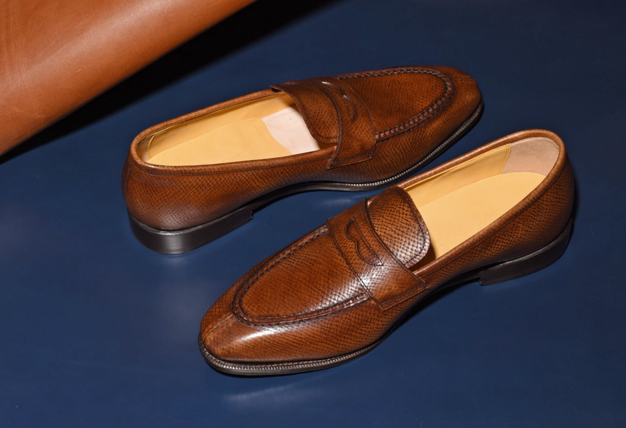 “Aiden” Split Toe Penny Loafer, Brown Dress Shoes, Horween Hatch Grain, Hand welted, US size 5 1/2 ~ 10