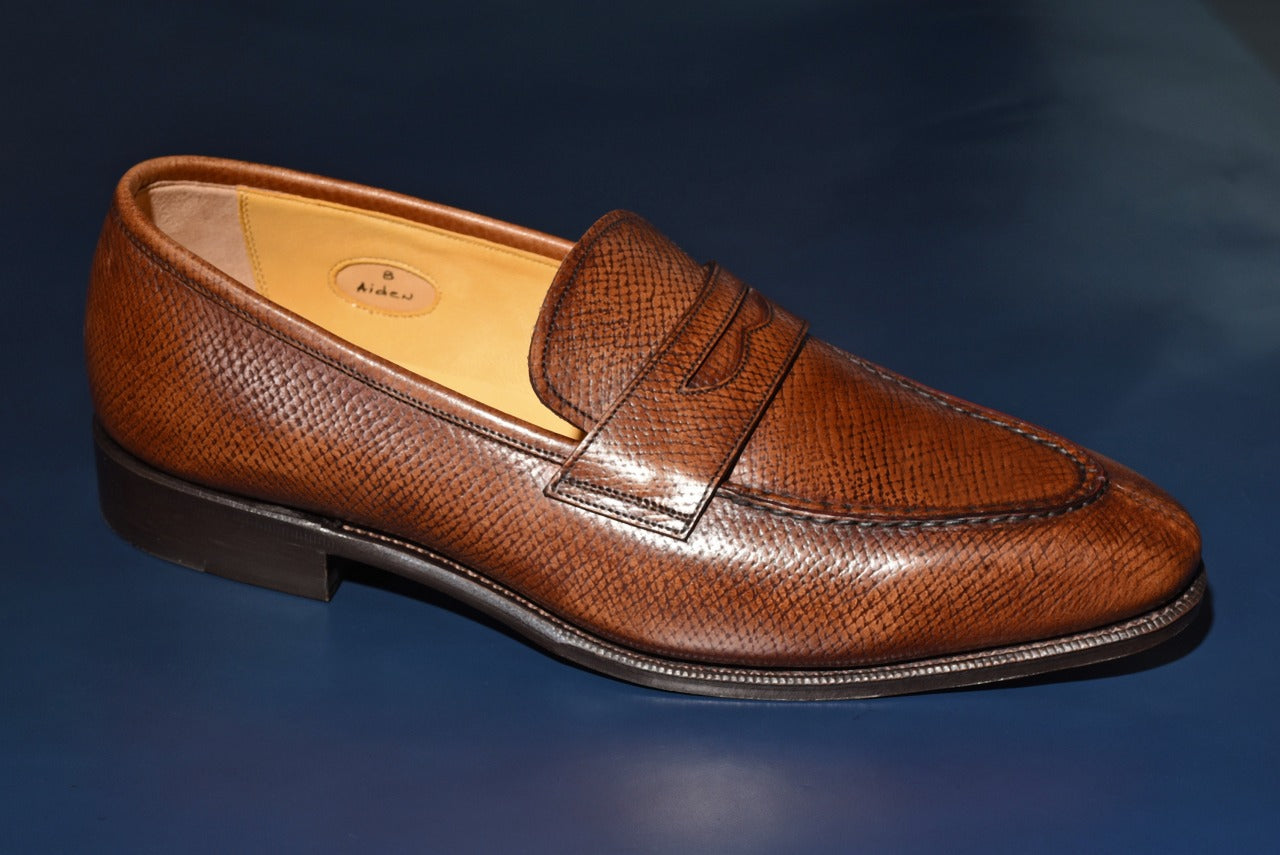 “Aiden” Split Toe Penny Loafer, Brown Dress Shoes, Horween Hatch Grain, Hand welted, US size 5 1/2 ~ 10