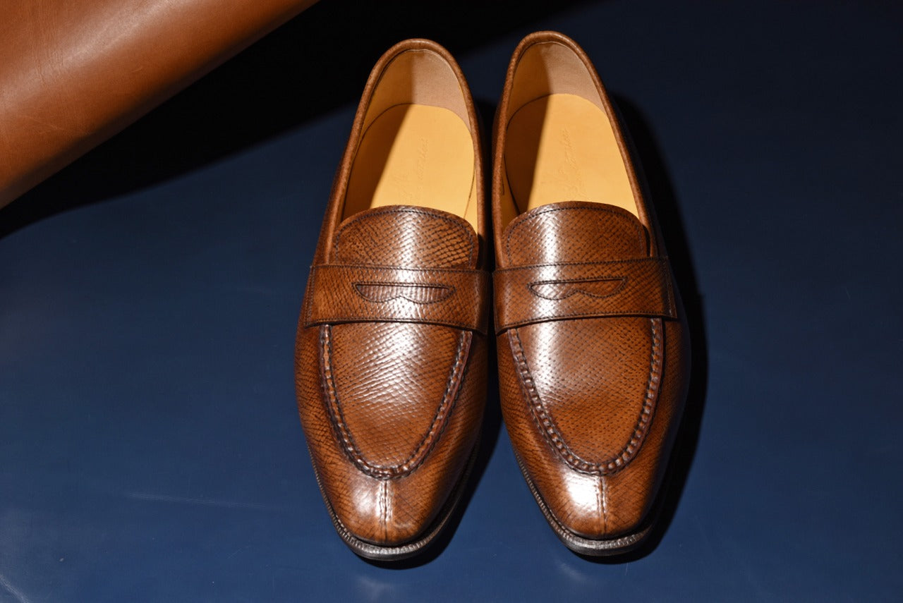 “Aiden” Split Toe Penny Loafer, Brown Dress Shoes, Horween Hatch Grain, Hand welted, US size 5 1/2 ~ 10