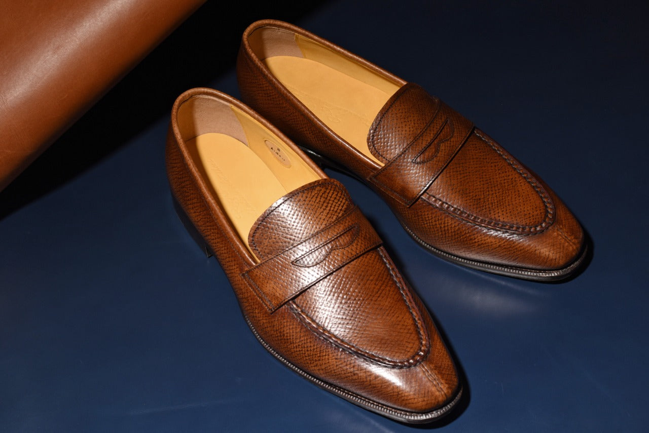 “Aiden” Split Toe Penny Loafer, Brown Dress Shoes, Horween Hatch Grain, Hand welted, US size 5 1/2 ~ 10