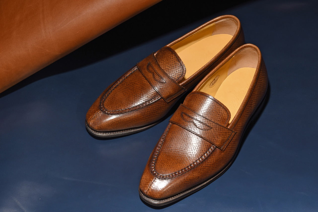 “Aiden” Split Toe Penny Loafer, Brown Dress Shoes, Horween Hatch Grain, Hand welted, US size 5 1/2 ~ 10